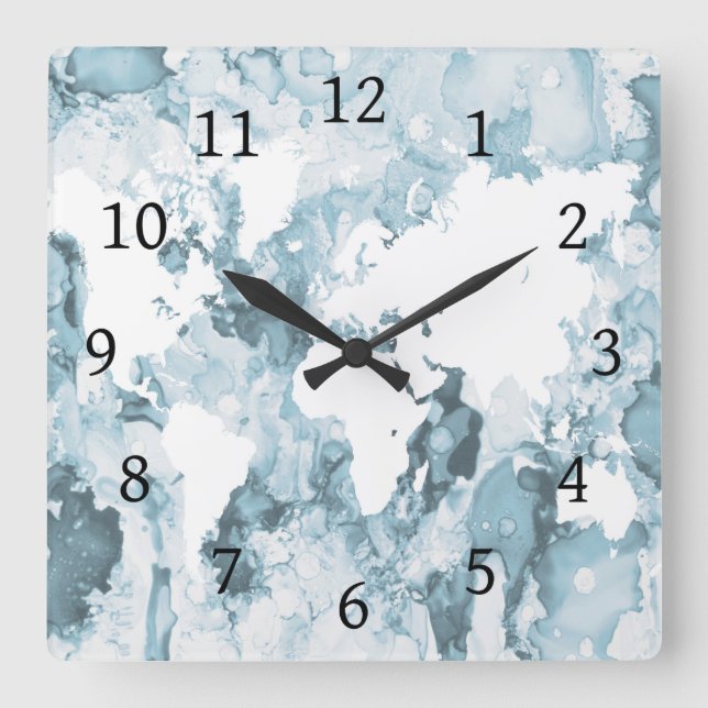 Blue World Map Design 103 Square Wall Clock (Front)