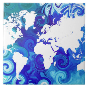 Blue World Map Design 267 Ceramic Tile