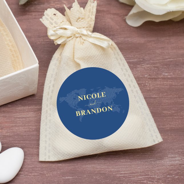 Blue World Map Destination Wedding Classic Round Sticker (Blue World Map Destination Wedding Classic Round Sticker)