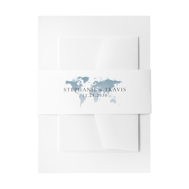 Blue World Map Destination Wedding Travel Themed Invitation Belly Band (Front Example)