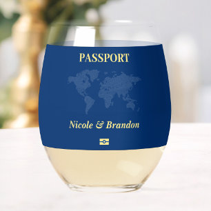 Blue World Map Passport Destination Wedding Stemless Wine Glass
