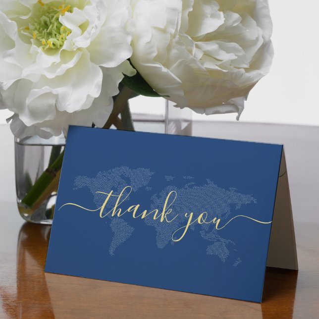 Blue World Map Photo Destination Wedding Thank You Card (Creator Uploaded)