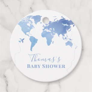 Blue World Map Travel Adventure Baby Shower  Favour Tags