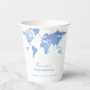 Blue World Map Travel Adventure Baby Shower Paper Cups