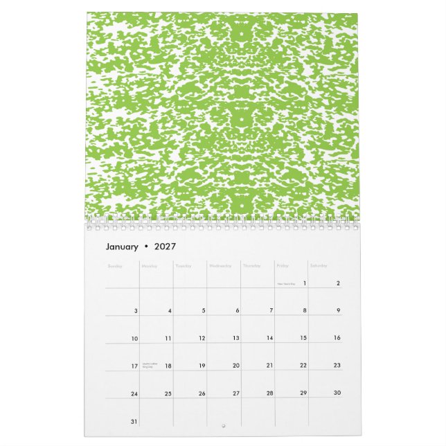 Blue wrapping paper with a repetitive white snowfl calendar (Jan 2027)