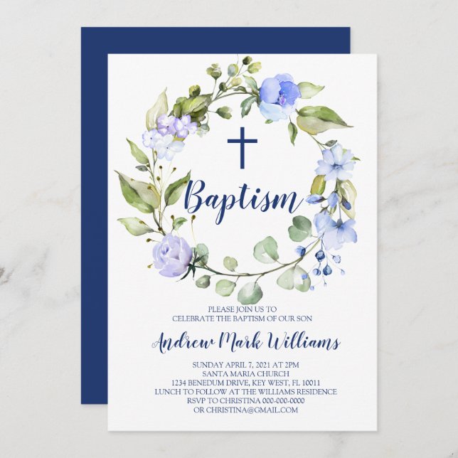 Blue Wreath Baby Boy Baptism Invitation (Front/Back)