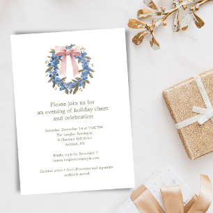 Blue Wreath Bow Elegant Christmas Holiday Party Invitation