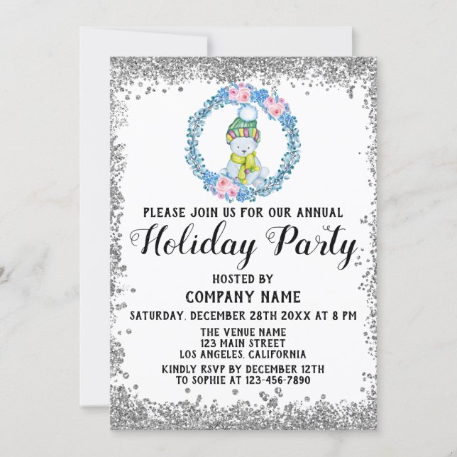 Blue Wreath Christmas Company Holiday Party Silver Invitation (Front)