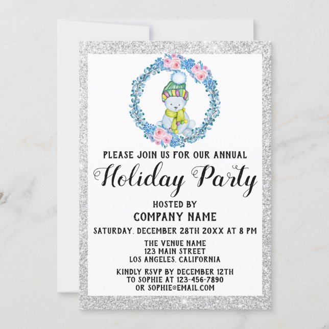 Blue Wreath Christmas Company Holiday Party Silver Invitation (Front)
