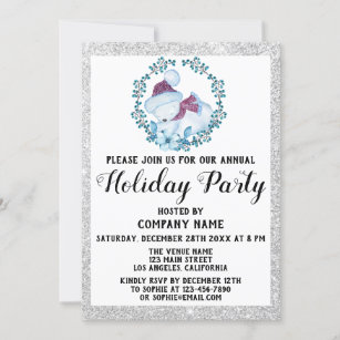 Blue Wreath Christmas Company Holiday Party Silver Invitation