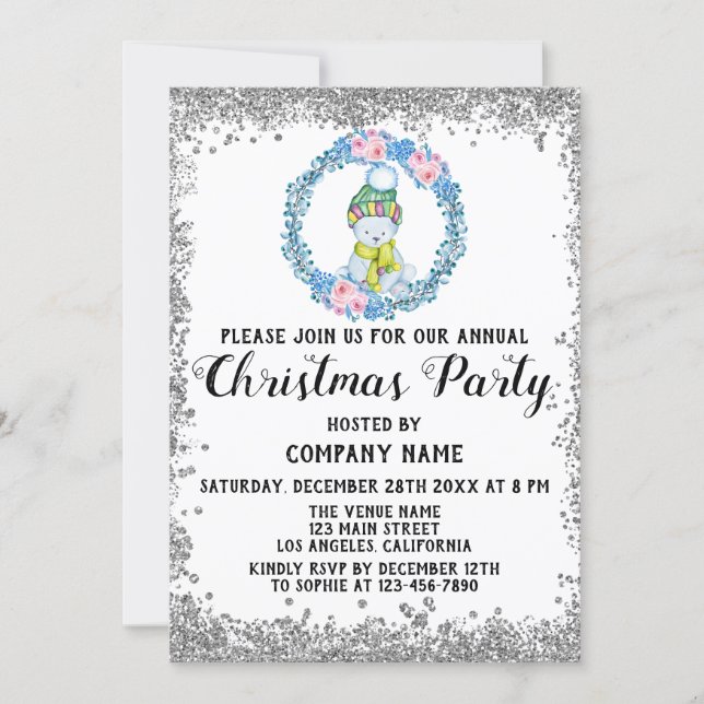 Blue Wreath Company Holiday Christmas Party Silver Invitation (Front)