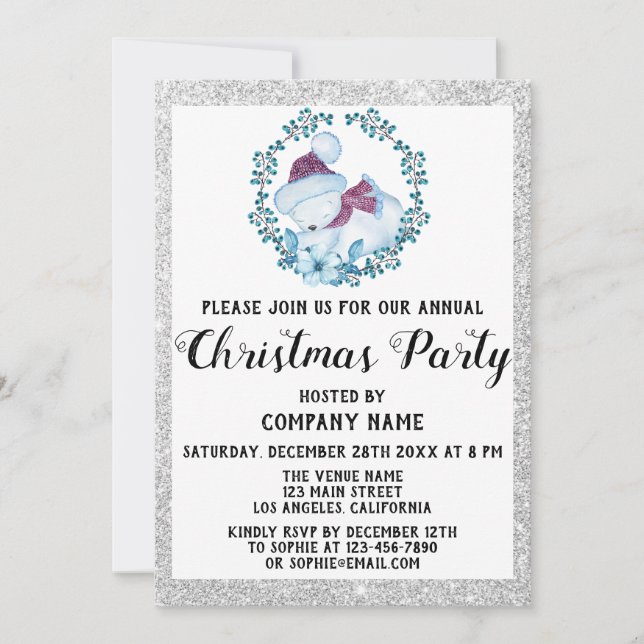 Blue Wreath Company Holiday Christmas Party Silver Invitation (Front)