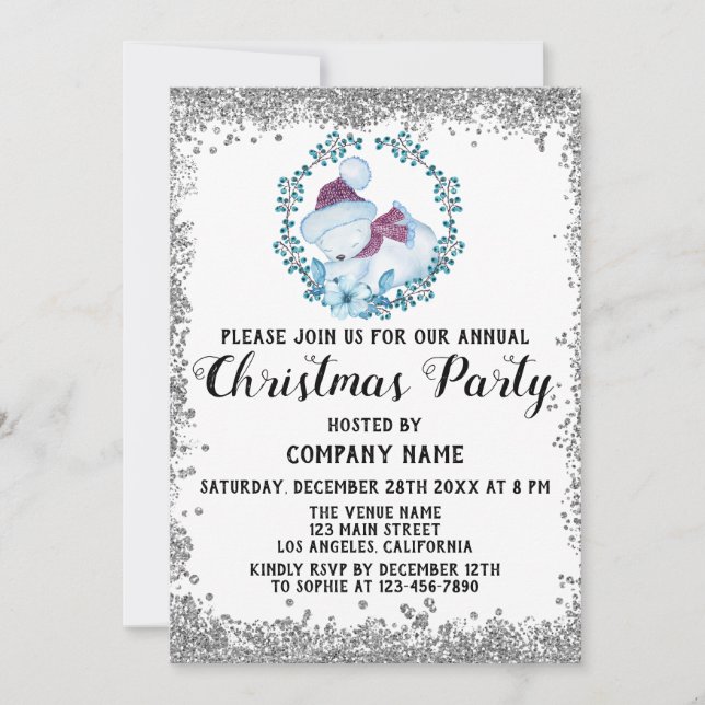 Blue Wreath Company Holiday Christmas Party Silver Invitation (Front)