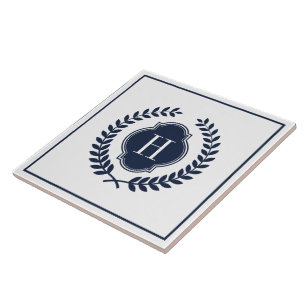 Blue Wreath Crest Custom Monogram Tile