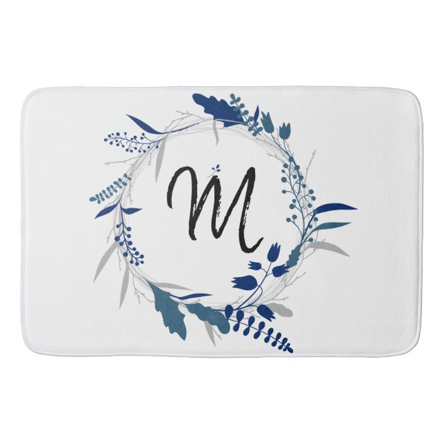 Blue Wreath Monogram Bath Mat (Front)