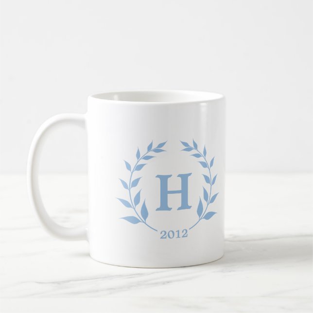 Blue wreath monogram graduation class year coffee mug (Left)