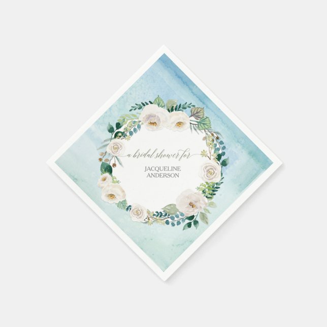 Blue Wreath Rustic Alabaster Roses Foliage Floral Napkin (Corner)