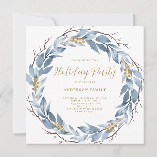 Blue Wreath Rustic Christmas Holiday Party  Invitation (Front)
