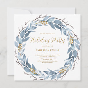Blue Wreath Rustic Christmas Holiday Party Invitation