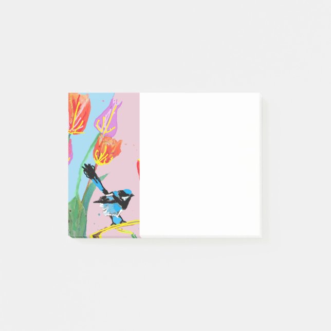 Blue Wren Bird Pattern Pink birds Post it Notes (Front)