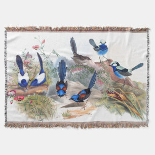 Blue Wren Birds Wildlife Flowers Australia Throw Blanket