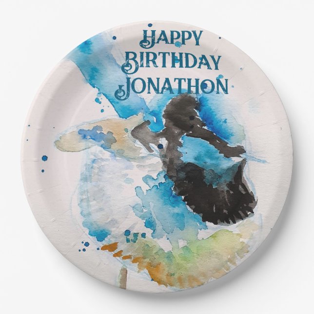 Blue Wren Watercolor Happy Birthday Wrens Aqua Paper Plate (Front)