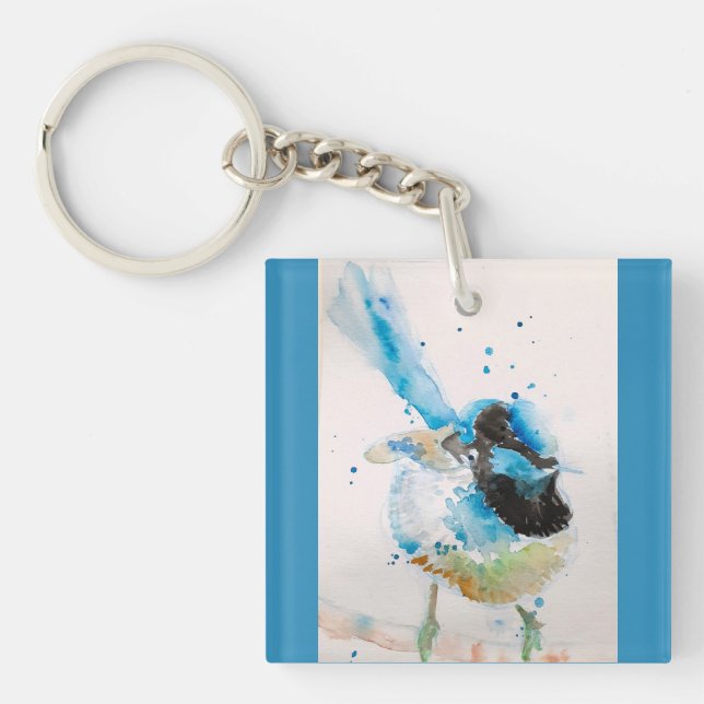 Blue Wren Wrens Watercolour Baby Blue Australian Key Ring (Front)