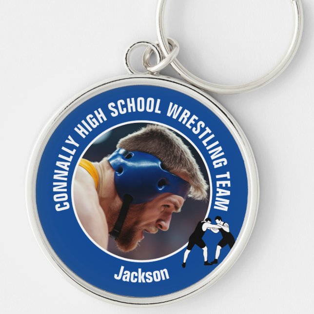 Blue Wrestling Team Photo High School Wrestler Key Ring (Front)