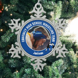 Blue Wrestling Team Photo High School Wrestler Snowflake Pewter Christmas Ornament<br><div class="desc">This cool customized high school wrestler photo gift features white typography of your wrestling team on a snowflake ornament with a blue background. Personalize with your athlete's photograph and class year for a commemorative keepsake.</div>