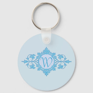 Blue Wrought Metal Look Circle Framed Monogram Key Ring
