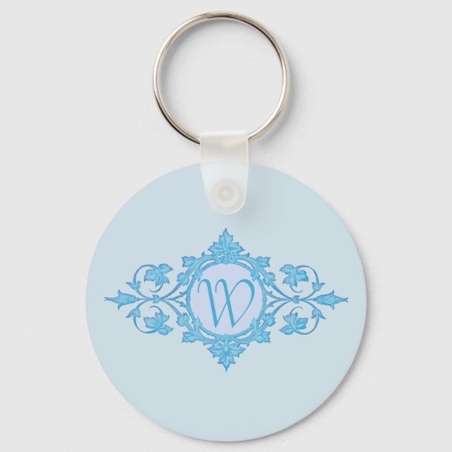 Blue Wrought Metal Look Circle Framed Monogram Key Ring (Front)