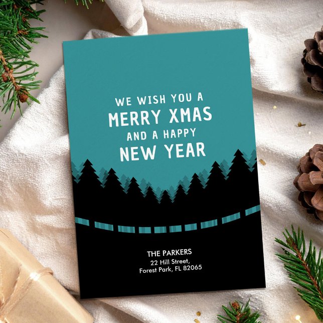 Blue Xmas card with retro pine trees (Creator Uploaded)