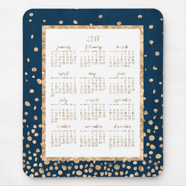 Blue Yearly 2017 Calendar Mouse Pads Gold Confetti (Front)