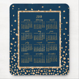 Blue Yearly Calendar 2019 Mouse Pads Gold Confetti