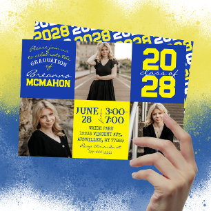 Blue & Yellow 3 Photo Graduation Invitation