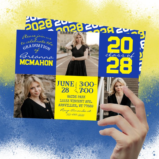 Blue & Yellow 3 Photo Graduation Invitation (Unique Blue and Yellow 3 Photo Graduation Invitations)
