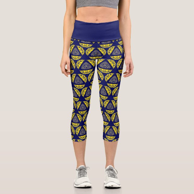 Blue Yellow Abstract Geometric Shapes Pattern Capri Leggings (Front)