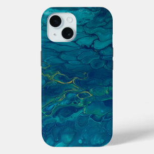 Blue & Yellow Abstract Marble Mosaic Fluid Art iPhone 15 Case