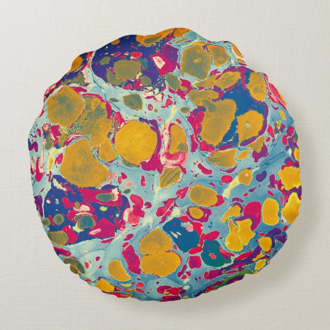 Blue & Yellow Abstract Print Round Throw Pillow (Back)
