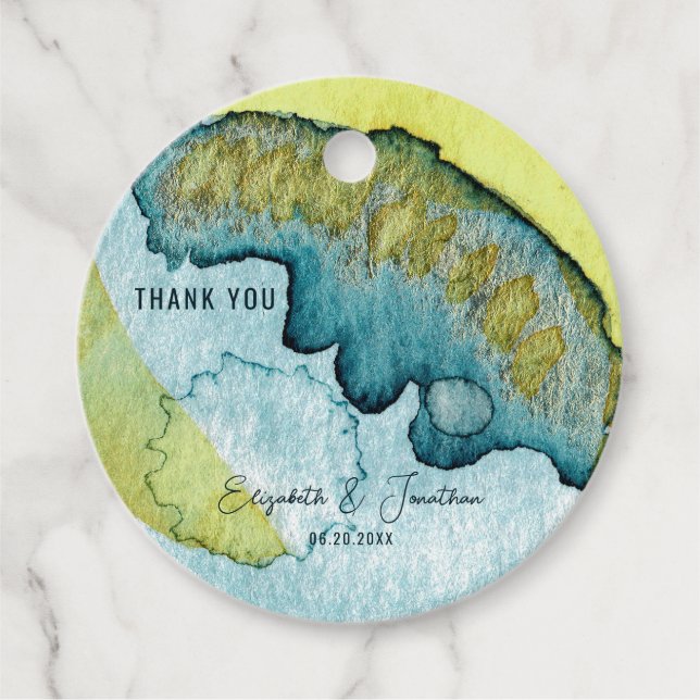 Blue Yellow Abstract Watercolor Art Unique Wedding Favour Tags (Front)