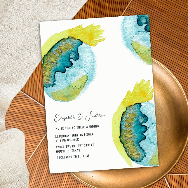 Blue Yellow Abstract Watercolor Art Unique Wedding Invitation (Front)