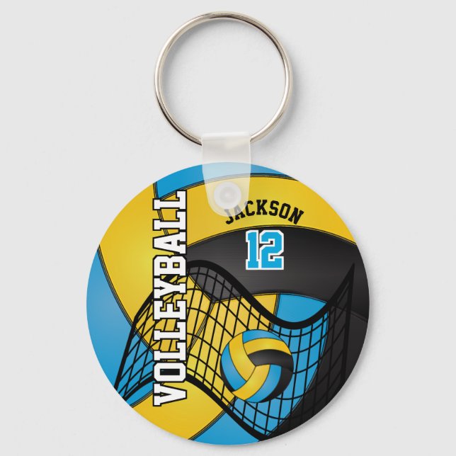 Blue, Yellow and Black Volleyball Design Key Ring (Front)