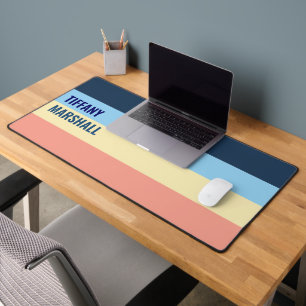 Blue Yellow and Coral Pink Stripes Pattern Desk Mat