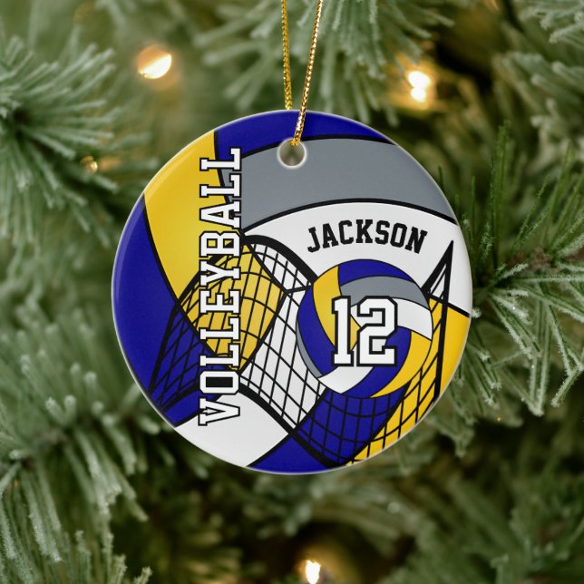 Blue, Yellow and Gray Personalize Volleyball 🏐 Ceramic Ornament (Tree)