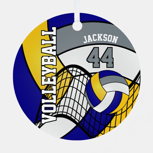 Blue, Yellow and Gray Personalize Volleyball  Metal Tree Decoration (Back)