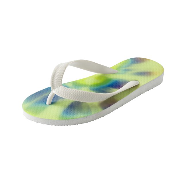 blue yellow and green Tie-dye Kid's Thongs (Angled)