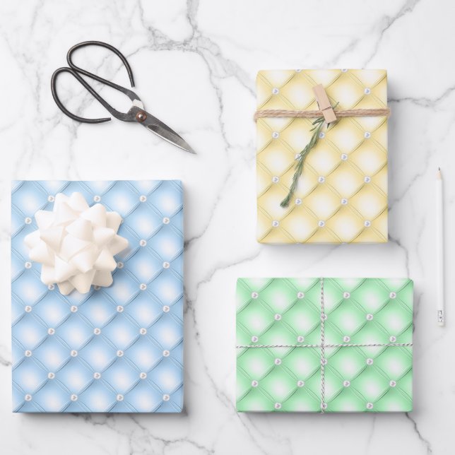 Blue, Yellow and Green Tufted Pearls Wrapping Paper Sheet (Front)