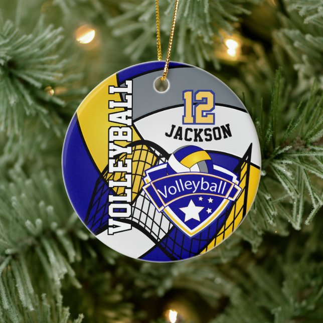 Blue, Yellow and Grey Personalise Volleyball Logo Ceramic Ornament (Tree)