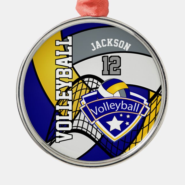 *Blue, Yellow and Grey Personalise Volleyball Logo Metal Ornament (Front)