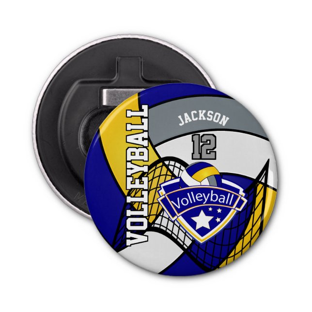 Blue, Yellow and Grey Volleyball Logo Bottle Opener (Front)